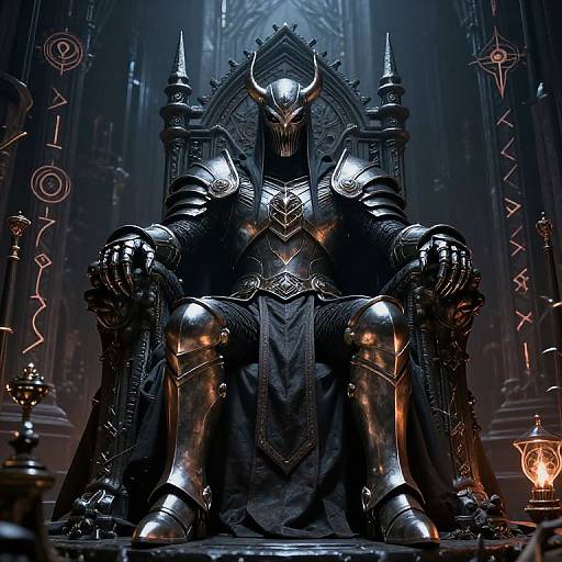 Digital art of a dark, horned armored figure seated on a gothic throne, glowing red eyes, surrounded by candles and runes.