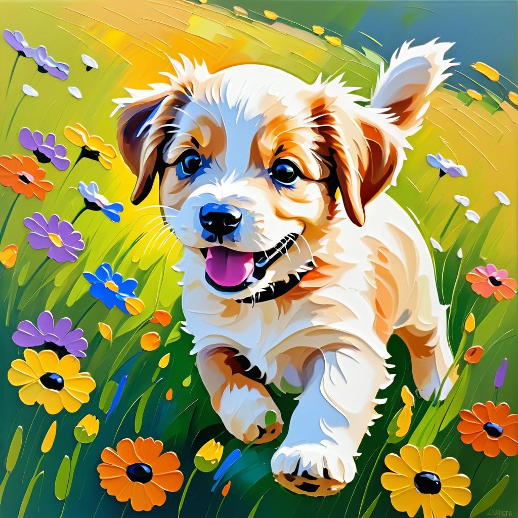 Vibrant Puppy Playing in Flower Field