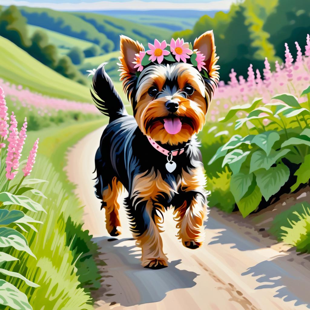 Whimsical Yorkshire Terrier on Countryside Path