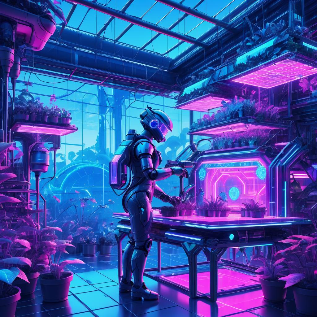 Futuristic Robot Gardener in Cyberpunk Greenhouse