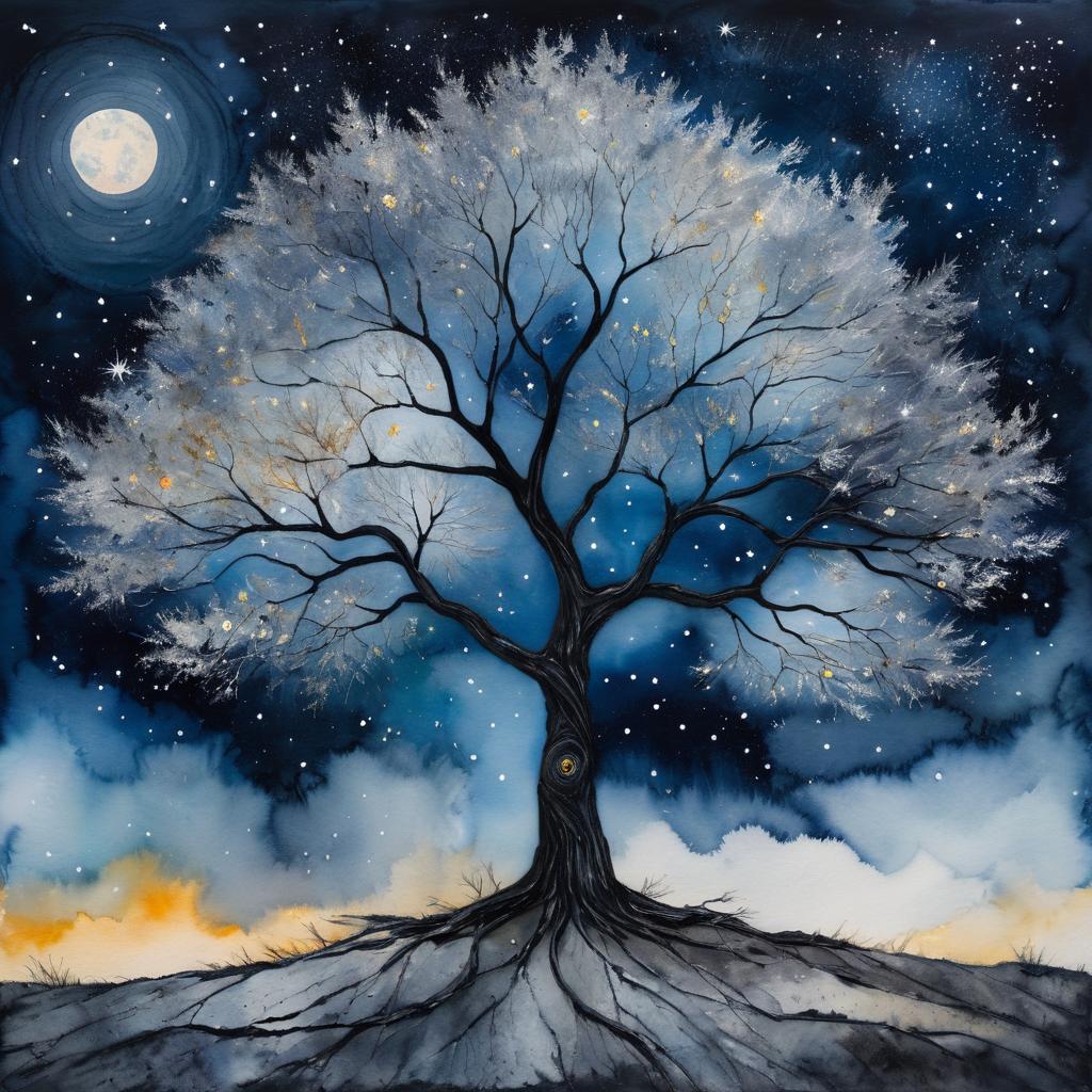 Surreal Tree with Eyes in Starry Sky