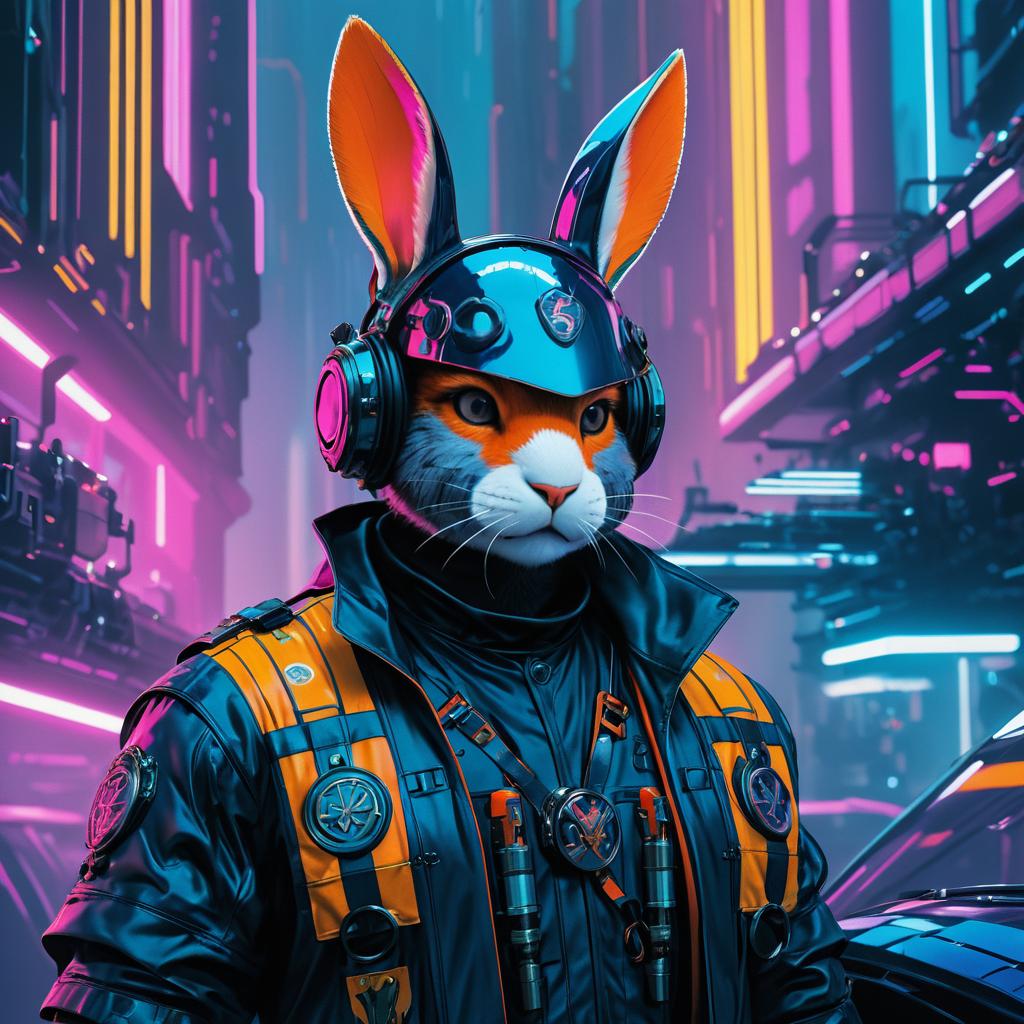 Heroic Rabbit Knight in Cyberpunk City