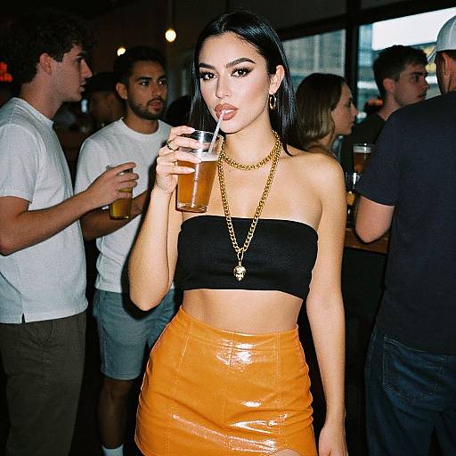 Photograph of a young woman with dark hair, wearing a black strapless top and orange glossy skirt, sipping a drink in a crowded bar,