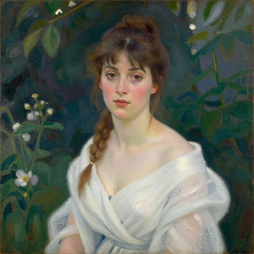Impressionist painting of a fair-skinned woman with brown hair in a braid, wearing a white off-shoulder dress, set against a