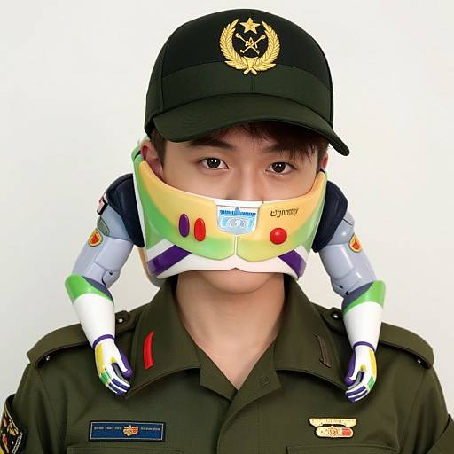 Photograph of an Asian male soldier in a dark green uniform and black cap, wearing a colorful robot helmet with mechanical arms. White background. Military insign