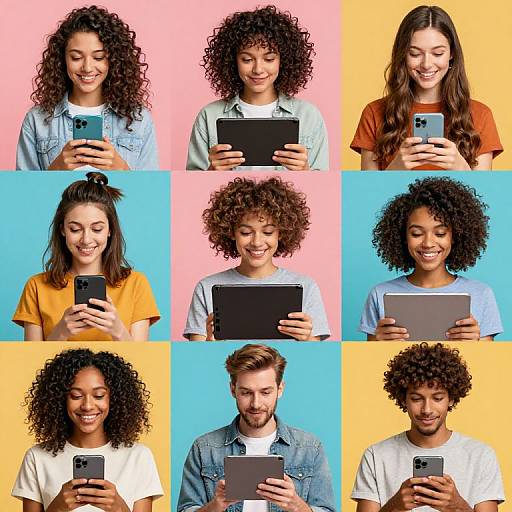 Photograph: Nine diverse individuals with curly hair, smiling, using smartphones or tablets against pastel-colored background; yellow, pink, blue. Varied