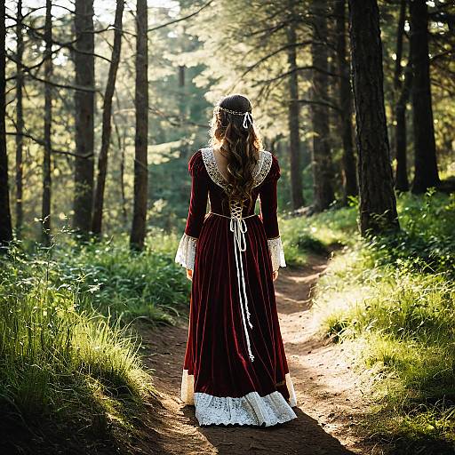 Woman in Medieval Red and Gold Renaissance Dress in Forest