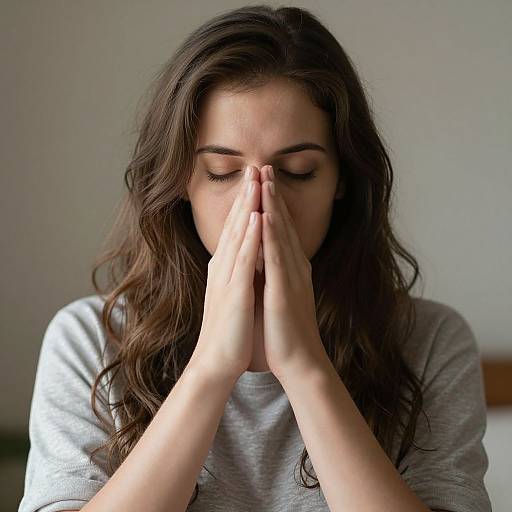 Photograph of a young woman with long, wavy brown hair, closed eyes, and gray shirt, pressing her hands together in a prayer position.