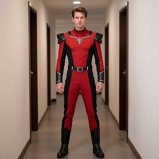 Photograph of a young man standing in a hallway, wearing a red and black military-style uniform with black boots, black shoulder accents, and a black