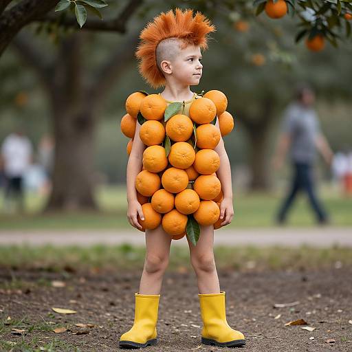 Photograph of a young boy in an orange costume made of whole oranges, with a spiky orange mohawk, leaf accents, and yellow boots,