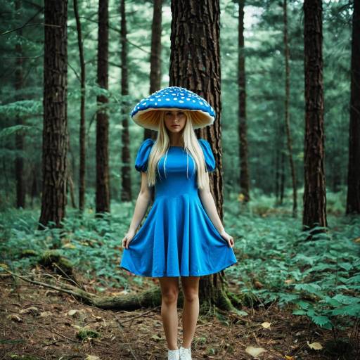 Woman in Blue Mushroom Costume in Forest