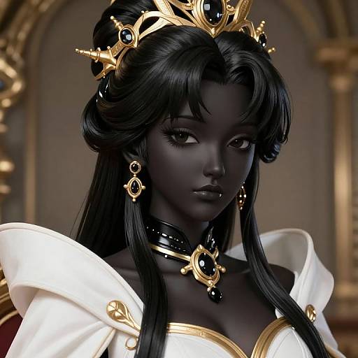 Digital artwork of a dark-skinned, regal woman with long black hair, gold crown, and ornate jewelry, wearing a white, gold-tr