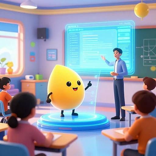 Digital illustration of a teacher in a blue suit presenting to a classroom of children, with a cheerful, yellow teardrop-shaped character on a glowing blue