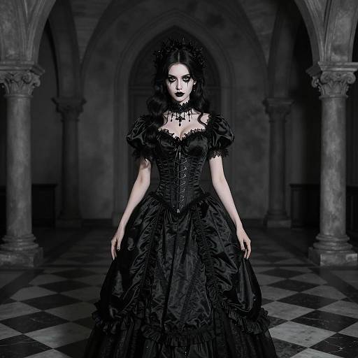 Gothic Woman in Black Corset Gown