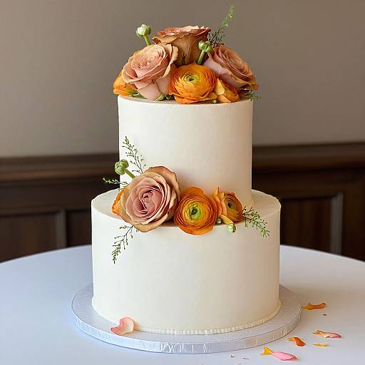 Photograph of a two-tiered white cake adorned with pink and orange roses, ranunculus, and greenery, set on a white tablecloth
