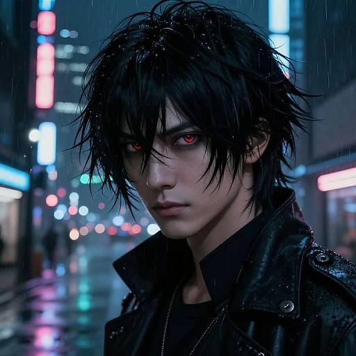 Digital art of a serious, wet-haired, androgynous figure with glowing red eyes, wearing a dark leather jacket, in a neon-lit