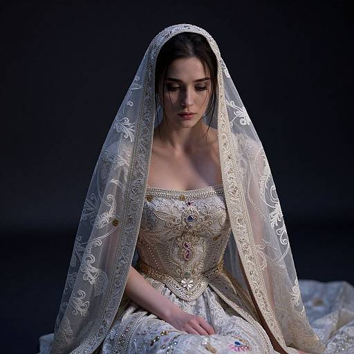 Veiled Woman in Dramatic Couture Gown