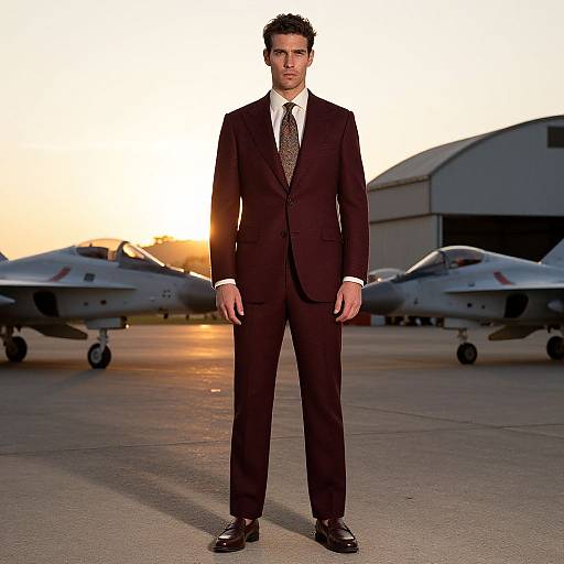 Photograph of a tall, dark-haired man in a black suit and tie standing on an airport tarmac at sunset, with two white military jets in