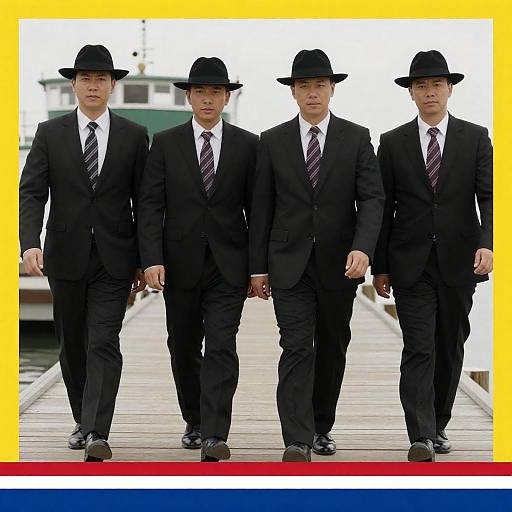 Four Men in Suits Walking on Dock