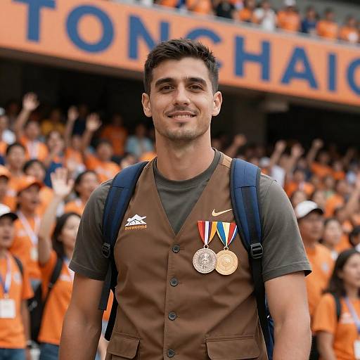 Smiling Man with Medals at Stadium