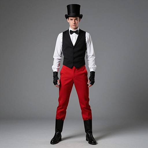 Photograph of a young man in a black top hat, white shirt, black vest, red pants, black gloves, and black boots, standing against