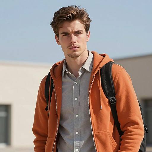 Young Man in Orange Hoodie Outdoors