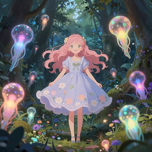 Anime-style digital illustration of a pink-haired girl in a white floral dress standing in a magical forest with glowing jellyfish-like creatures.
