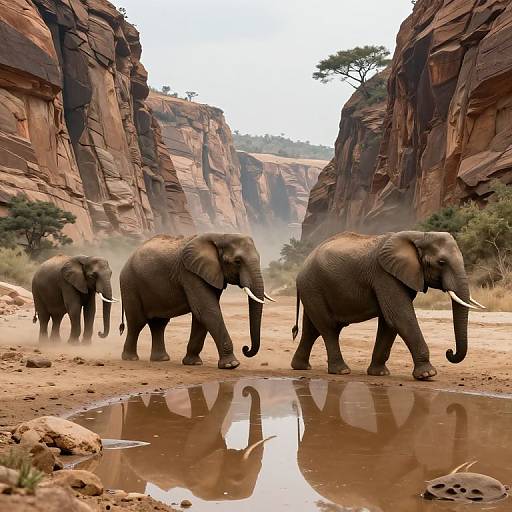Photograph of four elephants walking through a dusty, red rock canyon, with a reflective waterhole in the foreground. Desert trees dot the canyon walls.