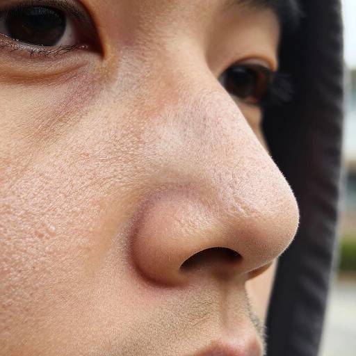 Close-up photograph of an Asian person's nose and right eye, highlighting skin texture, natural light, and subtle shadows on the face.