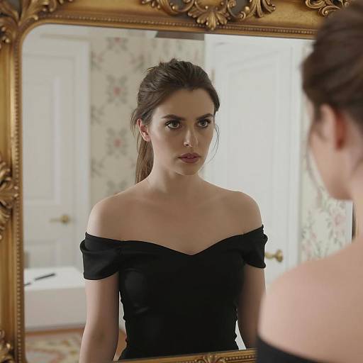 Woman in Black Top Looking in Ornate Mirror