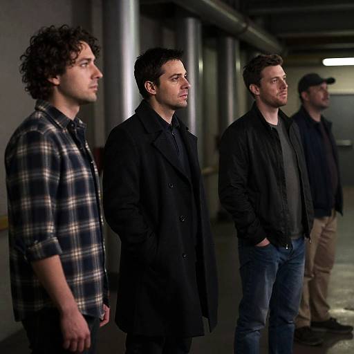 Four Men in Dimly Lit Industrial Setting