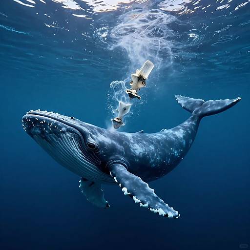 Photograph of a person in a transparent diving suit swimming with a large blue whale underwater, surrounded by sunlight and bubbles.