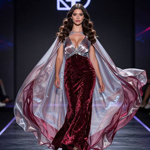 Photograph of a dark-haired woman on a runway in a red velvet gown with a transparent, flowing cape, showcasing a silver-embellished neckline