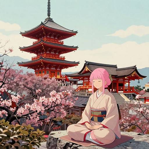 Retro Samurai Girl at Japanese Temple