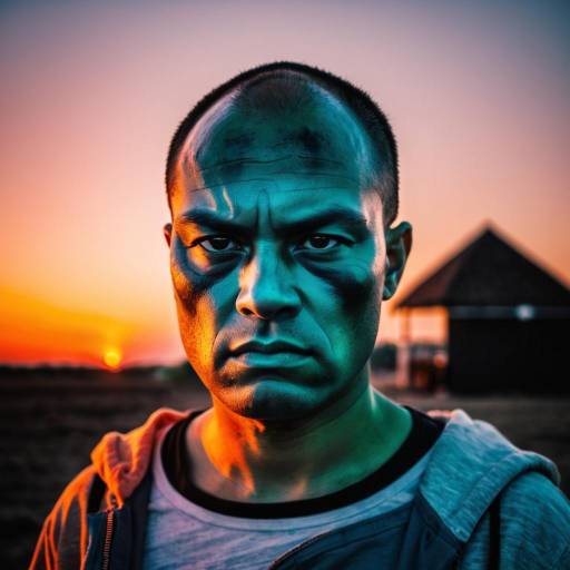 Serious Man with Dark Face Paint at Sunset