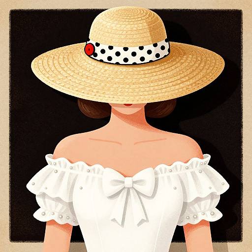 Digital illustration of a woman with a large straw hat adorned with a polka-dot band and red flower, wearing an off-shoulder white blouse,