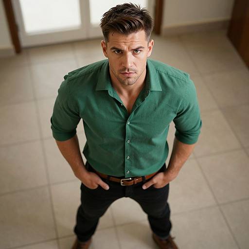 Athletic Man in Green Shirt Pose