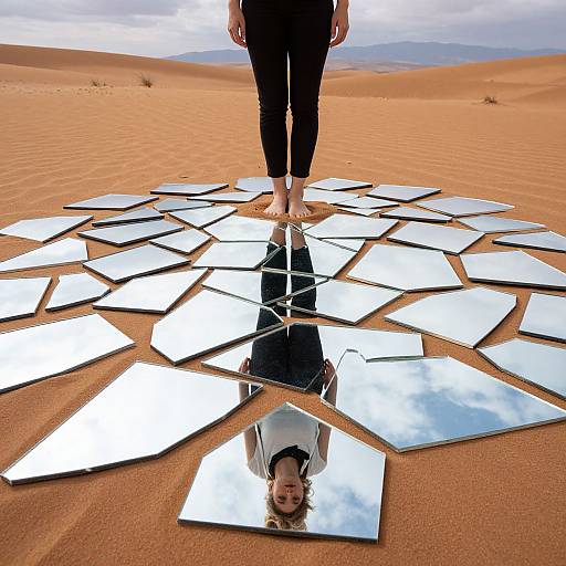 Photograph of a person standing barefoot on a desert sand dune, surrounded by an array of reflective, silver mirrors, creating a mirrored floor with