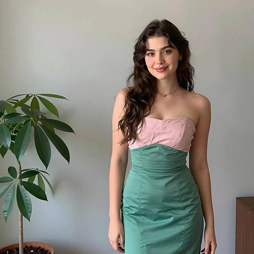 Young Woman in Strapless Pink and Green Dress