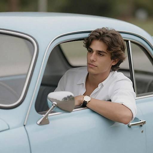 Young Man Leaning from Vintage Car