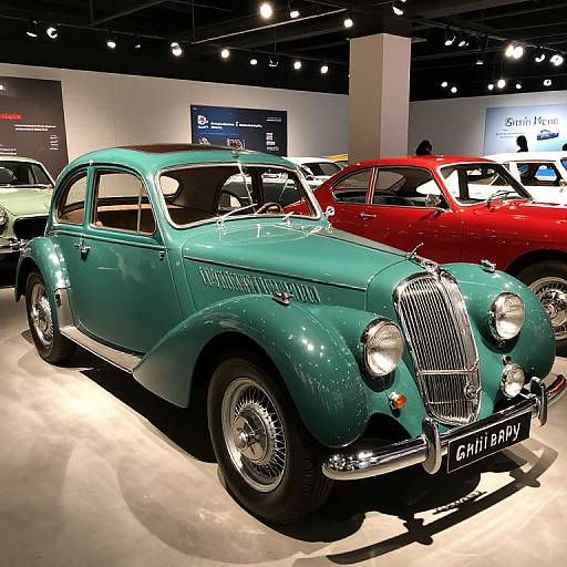 Photograph of a vintage, teal classic car with chrome details, round headlights, and 