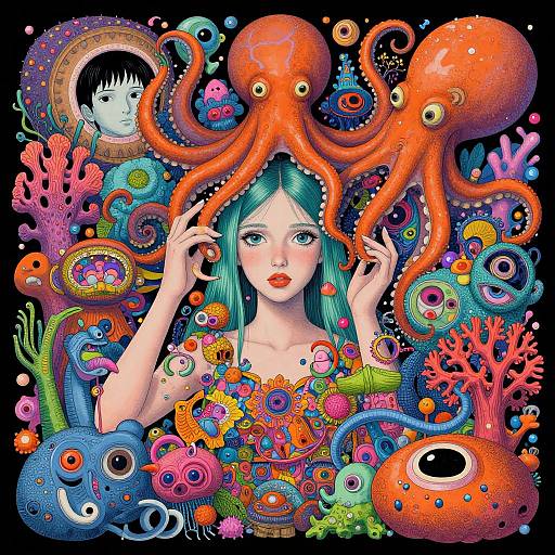 Vibrant digital art: green-haired woman with red lips, surrounded by colorful sea creatures, including orange octopuses, blue fish, and coral