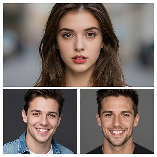Photograph collage: Center, a fair-skinned woman with brown hair and red lips stares; bottom, two smiling, fair-skinned men with dark
