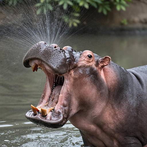 Dynamic Hippo Portrait with Water Spray