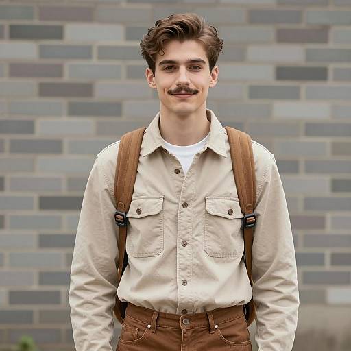 Young Man in Casual Beige Shirt with Backpack