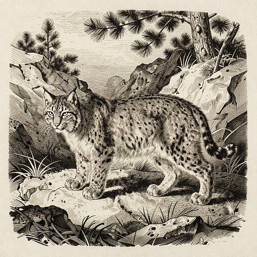 Monochrome Woodcut Lynx Stalking