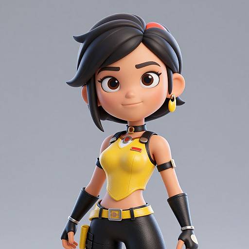 CGI cartoon of a cute, young woman with black hair, yellow crop top, black pants, yellow earrings, and a confident smile.