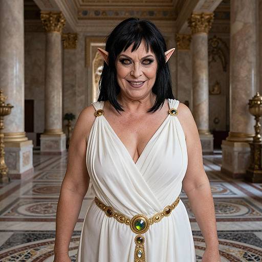 Photorealistic digital artwork of a smiling middle-aged woman with black elf ears, wearing a white, deep V-neck dress with gold and green belt,
