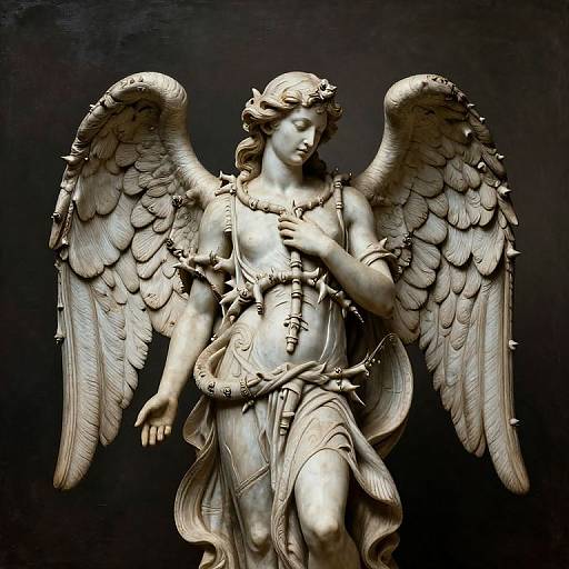 Photograph of a detailed, classical-style angel statue with large, feathered wings, draped in a flowing garment, holding a staff, against a dark