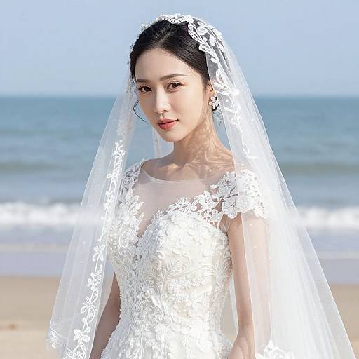 Bride in White Wedding Dress on Beach